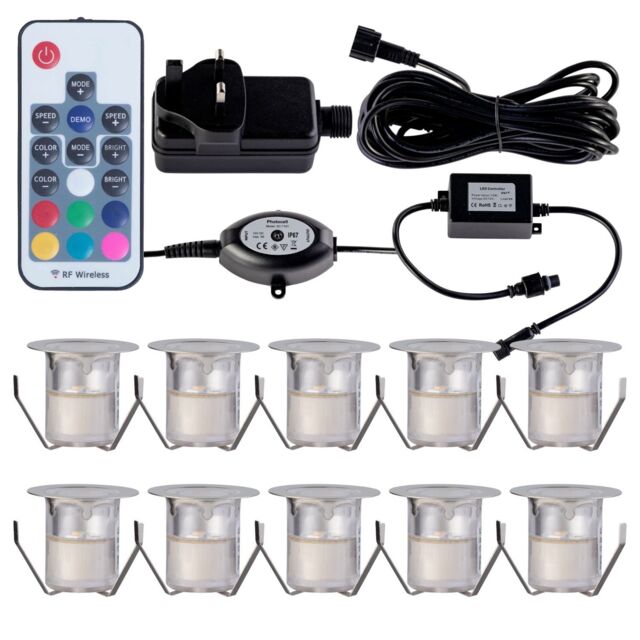 First Choice Lighting Set of 10 - 30mm IP67 Colour Changing LED Decking Kit with Photocell in Silver - image 1