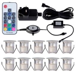 First Choice Lighting Set of 10 - 30mm IP67 Colour Changing LED Decking Kit with Photocell in Silver - thumbnail 1
