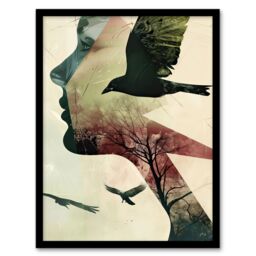 "Artery8 Abstract Woman Profile Portrait Crows Trees Dark Framed Art Print in Beige - Size: W12"" x H16""" - thumbnail 1