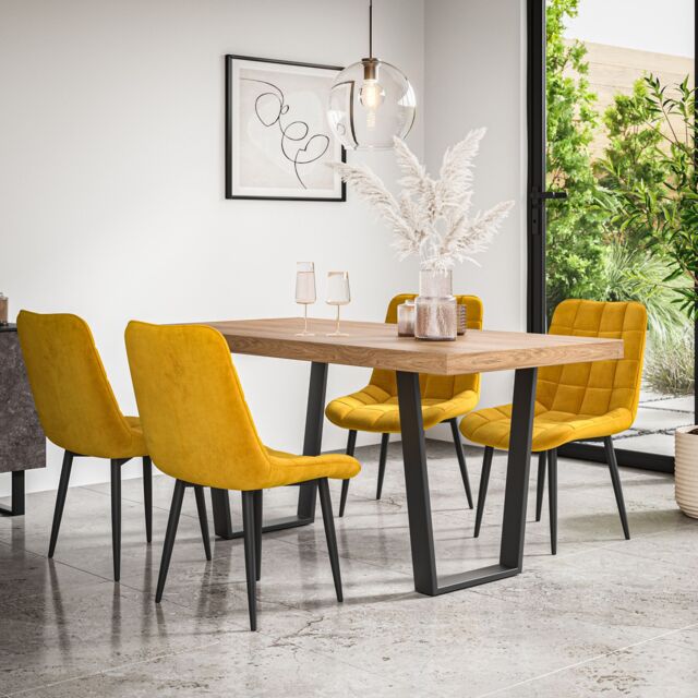 More4Homes Aria Dining Table & Chairs - Oak Effect Table Top w Black Legs + Nova Velvet Dining Chair Set Of 4 in Mustard - image 1