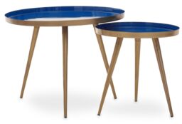 Orsina Blue Enamel Nest Of Two Tables, Luxe Modern Side Tables With Matt Gold Legs, Space-Saving Nesting Tables