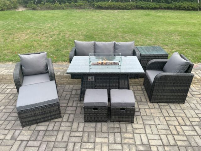 Fimous Wicker Rattan Garden Furniture Sofa Set Gas Fire Pit Dining Table Indoor Outdoor with Side Table Chair 3 Footstools in Dark Grey - image 1