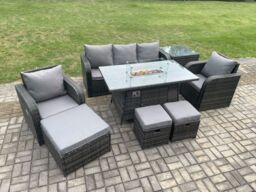 Fimous Wicker Rattan Garden Furniture Sofa Set Gas Fire Pit Dining Table Indoor Outdoor with Side Table Chair 3 Footstools in Dark Grey - thumbnail 3