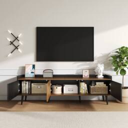 BTM TV Cabinet with 3 Doors, Black & Wood, 160 cm - thumbnail 3