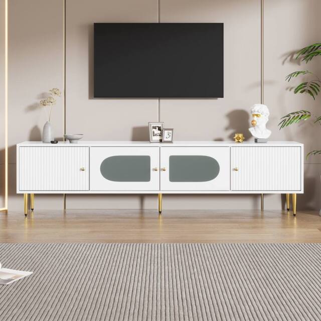 BTM Modern TV Stand Cabinet with Glass Doors Storage in White