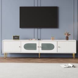BTM Modern TV Stand Cabinet with Glass Doors Storage in White - thumbnail 4