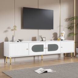 BTM Modern TV Stand Cabinet with Glass Doors Storage in White - thumbnail 3