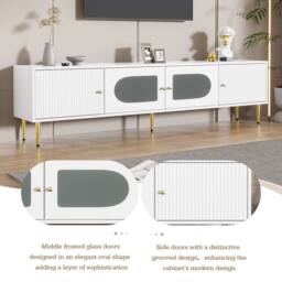 BTM Modern TV Stand Cabinet with Glass Doors Storage in White - thumbnail 9
