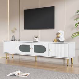 BTM Modern TV Stand Cabinet with Glass Doors Storage in White - thumbnail 2