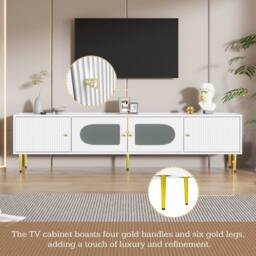 BTM Modern TV Stand Cabinet with Glass Doors Storage in White - thumbnail 7