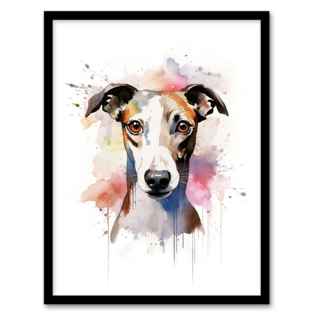 "Artery8 Wall Art Print Whippet Lovers Gift Watercolour Pet Portrait Painting Artwork Art Framed - Size: W12"" x H16""" - image 1