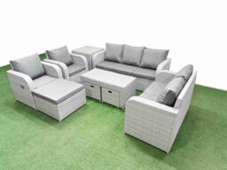 Fimous PE Rattan Garden Furniture Set Adjustable Chair Sofa Double Love Seat 2 Seater Sofa Lounge Set Rectangular Coffee Table 3 Stools Side Table - thumbnail 1
