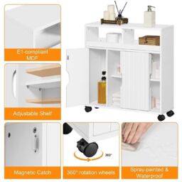 EONLION White Storage Cabinet, 4-Wheel Sliding Door Compact Unit - thumbnail 4