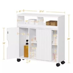 EONLION White Storage Cabinet, 4-Wheel Sliding Door Compact Unit - thumbnail 2