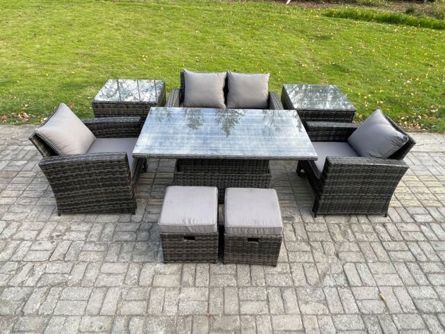 Fimous Rattan Garden Furniture Sofa Sets with Height Adjustable Rising Lifting Table 2 Side Tables 2 Small Footstools in Dark Grey