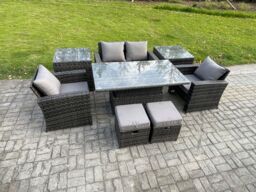 Fimous Rattan Garden Furniture Sofa Sets with Height Adjustable Rising Lifting Table 2 Side Tables 2 Small Footstools in Dark Grey - thumbnail 2