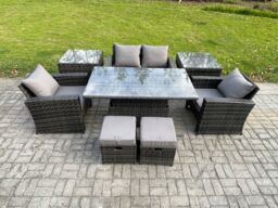 Fimous Rattan Garden Furniture Sofa Sets with Height Adjustable Rising Lifting Table 2 Side Tables 2 Small Footstools in Dark Grey - thumbnail 1