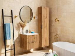 Vente-unique Fluted Bathroom Unit With Inset Basin & Tall Unit - Light Natural in Light Oak