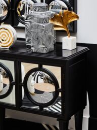 Orsina Black Finish Sideboard, Black Wooden Cabinet Featuring Circular Lattice‑Overlay Convex Mirrors - thumbnail 2