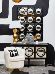 Orsina Black Finish Sideboard, Black Wooden Cabinet Featuring Circular Lattice‑Overlay Convex Mirrors - thumbnail 3