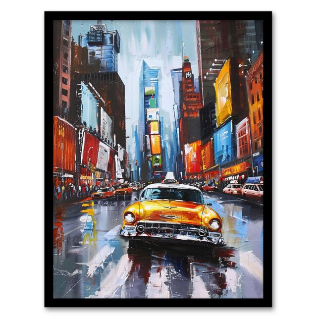 Artery8 New York City Colourful Street Cityscape Taxi Cab Framed Art Print - Size: A4 - image 1