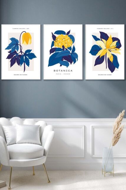 ARTZE Set of 3 White Framed Navy Blue & Yellow Flower Market Wall Art - Size: W33 cm x H45 cm x D20mm - image 1
