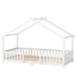 AIYAPLAY Wooden Kids Single House Bed Frame with Dual Guardrails in White - thumbnail 1