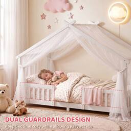 AIYAPLAY Wooden Kids Single House Bed Frame with Dual Guardrails in White - thumbnail 6
