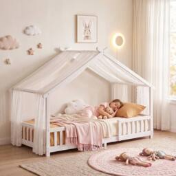 AIYAPLAY Wooden Kids Single House Bed Frame with Dual Guardrails in White - thumbnail 2