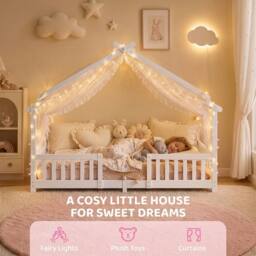 AIYAPLAY Wooden Kids Single House Bed Frame with Dual Guardrails in White - thumbnail 4
