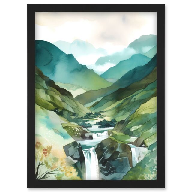Artery8 River Cascades Waterfall in Misty Landscape Modern Watercolour Painting Artwork Framed Wall Art Print A4 in Black - image 1