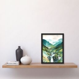 Artery8 River Cascades Waterfall in Misty Landscape Modern Watercolour Painting Artwork Framed Wall Art Print A4 in Black - thumbnail 2