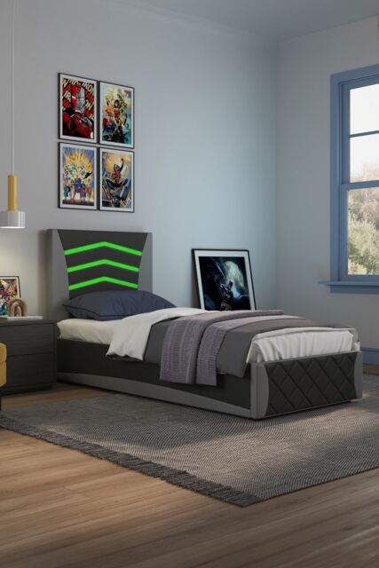 SlumberWorx Galaxy Ottoman Storage LED Headboard Gaming Single Black Bed Frame in Grey - image 1