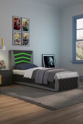 SlumberWorx Galaxy Ottoman Storage LED Headboard Gaming Single Black Bed Frame in Grey - thumbnail 1