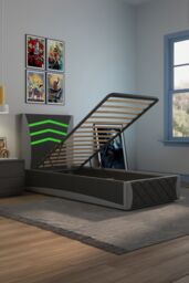 SlumberWorx Galaxy Ottoman Storage LED Headboard Gaming Single Black Bed Frame in Grey - thumbnail 3