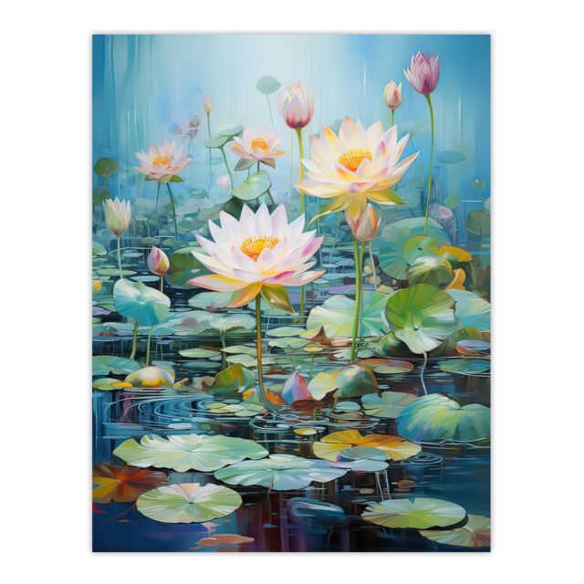 "Artery8 Wall Art Print Dreamy Lotus Pond Blooming Water Lily Flowers Poster Picture in Blue - Size: W18"" x H24""" - image 1