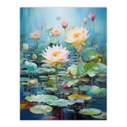 "Artery8 Wall Art Print Dreamy Lotus Pond Blooming Water Lily Flowers Poster Picture in Blue - Size: W18"" x H24""" - thumbnail 1