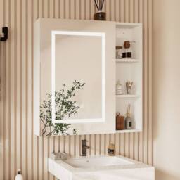 KEEPREAPER 70x70cm 3-Color LED Mirrored Bathroom Cabinet Demister Storage in White - Size: 70x70 cm - thumbnail 1