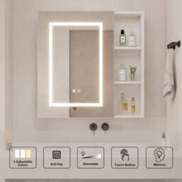 KEEPREAPER 70x70cm 3-Color LED Mirrored Bathroom Cabinet Demister Storage in White - Size: 70x70 cm - thumbnail 2