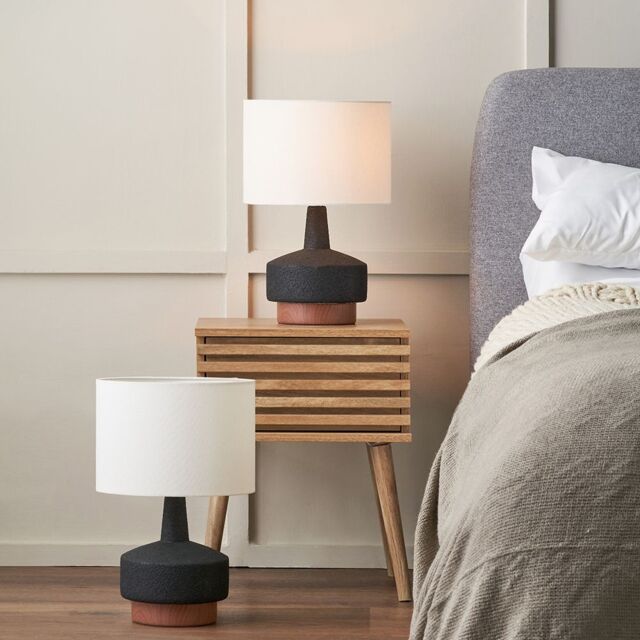Ruma Set of 2 Elio Black & Wood Effect Textured Ceramic Table Lamp - image 1
