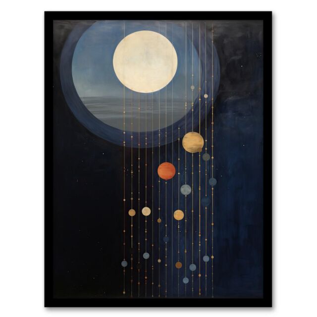"Wee Blue Coo Wall Art Print Lost In Space Dreams Planet Strings Blue Orange Surreal Oil Painting Art Framed in Dark Blue - Size: W12"" x H16""" - image 1