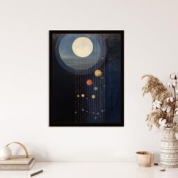 "Wee Blue Coo Wall Art Print Lost In Space Dreams Planet Strings Blue Orange Surreal Oil Painting Art Framed in Dark Blue - Size: W12"" x H16""" - thumbnail 4