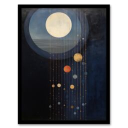 "Wee Blue Coo Wall Art Print Lost In Space Dreams Planet Strings Blue Orange Surreal Oil Painting Art Framed in Dark Blue - Size: W12"" x H16""" - thumbnail 1