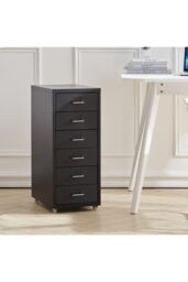 Living and Home 6 Drawers Vertical File Cabinet with Wheels Living Room Storage Cabinet Bedroom Black Bedside Table