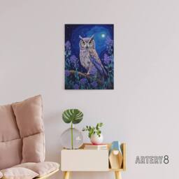 "Artery8 Great Horned Owl In Lavender Field Canvas Wall Art Print in Blue - Size: W18"" x H24""" - thumbnail 3