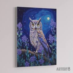 "Artery8 Great Horned Owl In Lavender Field Canvas Wall Art Print in Blue - Size: W18"" x H24""" - thumbnail 2
