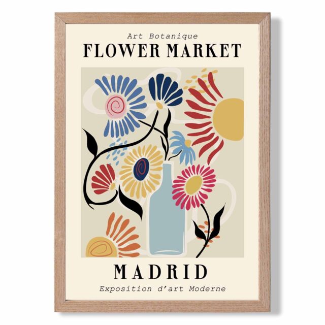 ARTZE Madrid Blue & Pink Flower Market Exhibition Framed Print SIZE: A3 with Oak Frame in Mid Blue - Size: A4 - image 1