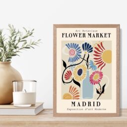 ARTZE Madrid Blue & Pink Flower Market Exhibition Framed Print SIZE: A3 with Oak Frame in Mid Blue - Size: A4 - thumbnail 2