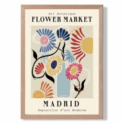 ARTZE Madrid Blue & Pink Flower Market Exhibition Framed Print SIZE: A3 with Oak Frame in Mid Blue - Size: A4 - thumbnail 1