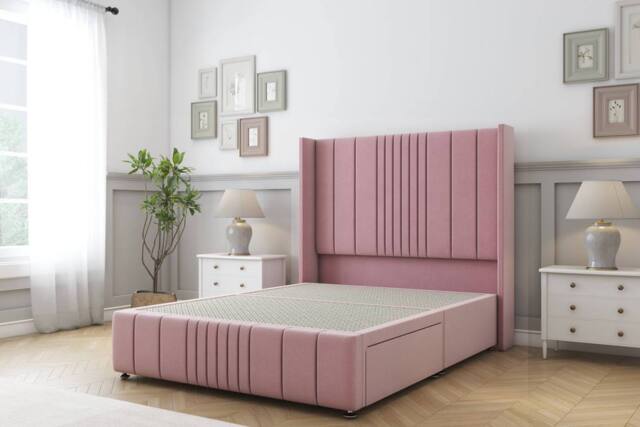 "Sloomy Hargrave Plush Divan Base No Drawers-54"" Wingback & 12"" Footboard in Pink - Size: Small Single" - image 1